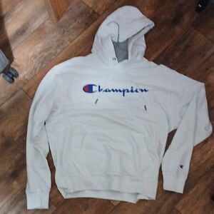 Champion White and Blue Logo Hoodie